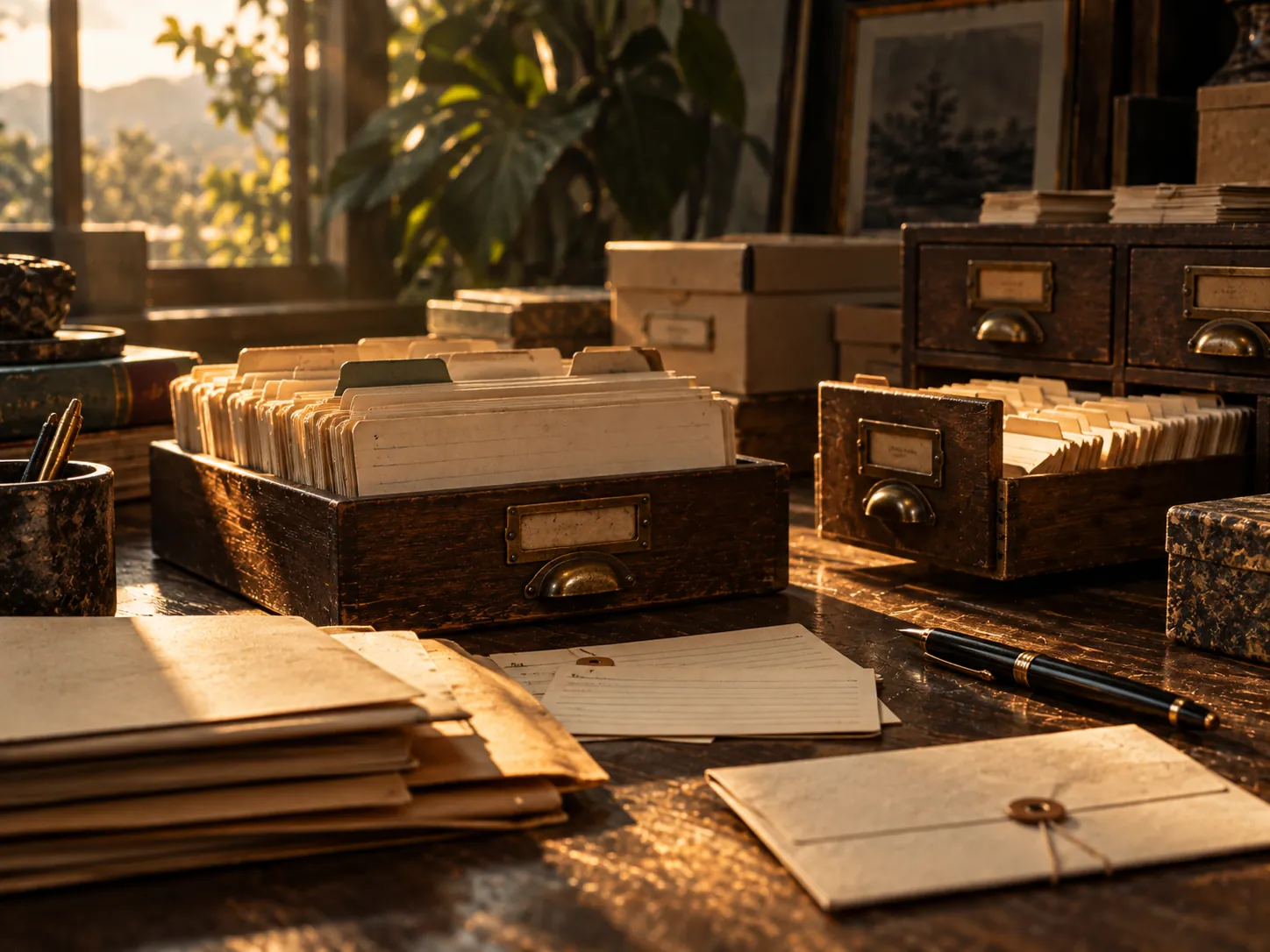 Archival index cards and filing drawers