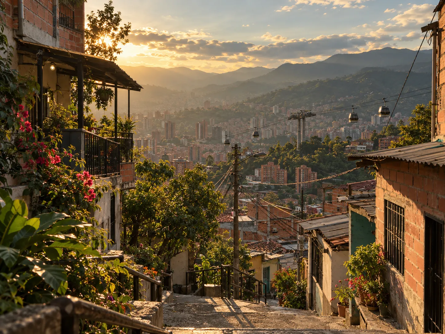 Medellín hillside neighborhood at golden hour